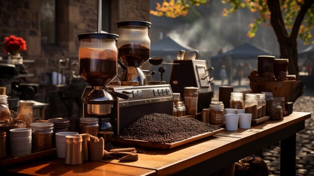 Foto una variedad de granos de café y cervezas extendidas sobre una mesa