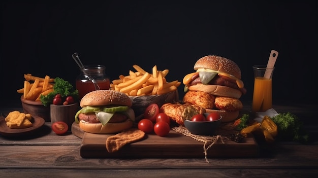 Una variedad de hamburguesas y papas fritas en una tabla de madera