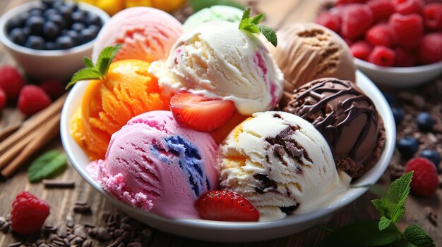 Una variedad de helados y bayas en la mesa