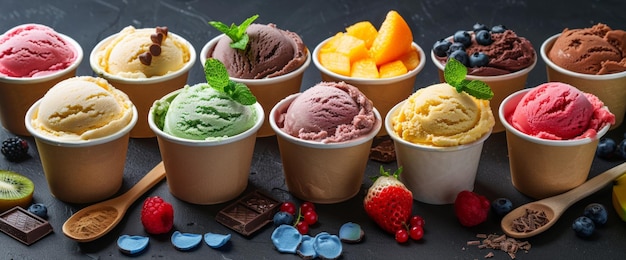 Una variedad de helados coloridos en tazas de papel con cucharas de madera, frutas y pedazos de chocolate sobre un fondo oscuro