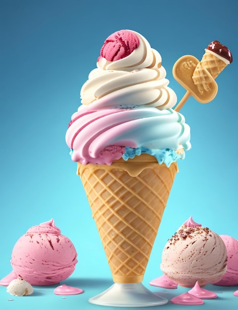 Variedad de helados en conos con chocolate vainilla y fresa