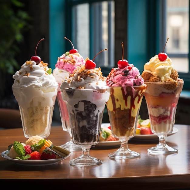 Una variedad de helados están en una mesa con un plato de helado y fresas.