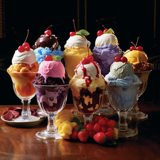 Una variedad de helados están sobre una mesa con un vaso de helado.