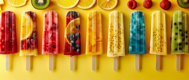 Una variedad de helados de frutas, golosinas de hielo de verano coloridas, bocadillos frescos y caseros congelados.