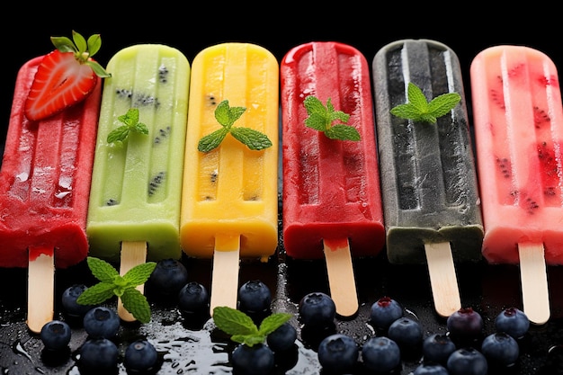 Foto una variedad de helados con sabores de frutas coloridas