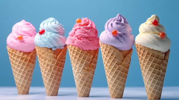 Variedad de helados en varios sabores sobre un fondo azul.