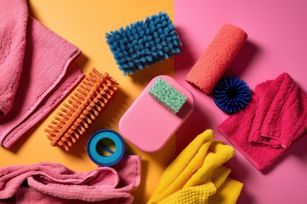 Una variedad de herramientas de limpieza que incluyen una esponja, una banda de goma, una banda de goma, una banda de goma, una banda de goma, una banda de goma, una banda de goma, una banda de goma, una