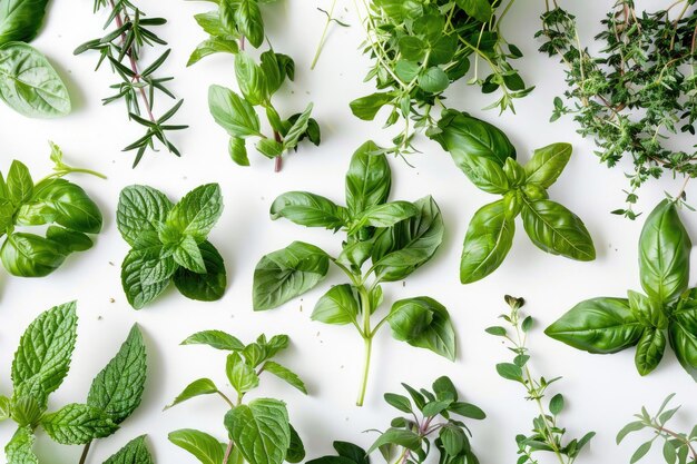 Foto una variedad de hierbas frescas de jardín con variedades como la menta de albahaca y el romero