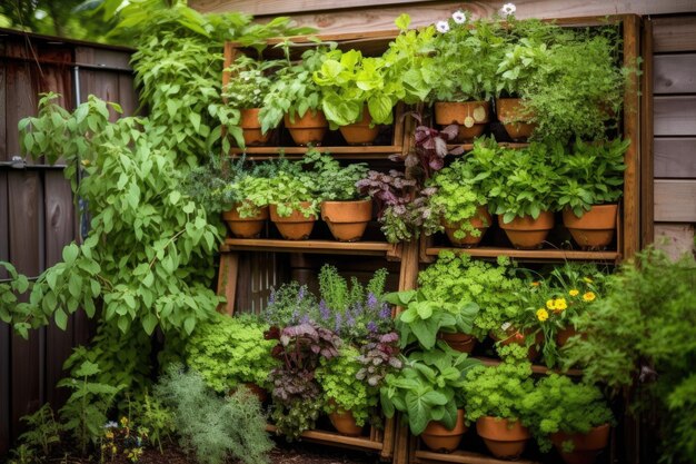 Una variedad de hierbas que crecen en un jardín vertical creado con IA generativa