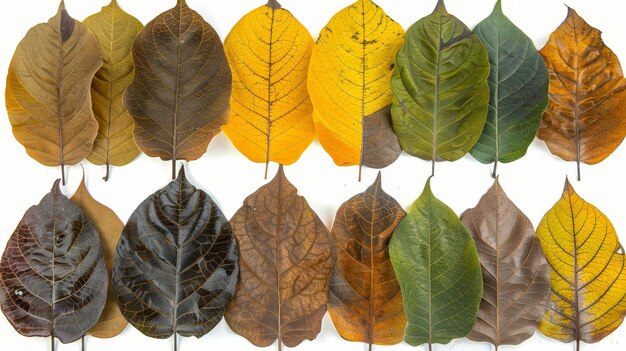 Una variedad de hojas de otoño marrones tropicales en varias variedades botánicas sobre un fondo transparente