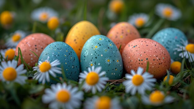 Foto una variedad de huevos esparcidos por la hierba