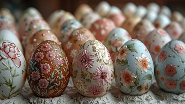 Una variedad de huevos de Pascua florales pintados a mano