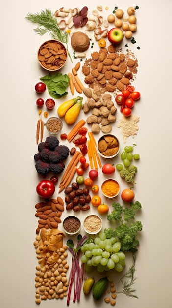 Una variedad de ingredientes de alimentos saludables están dispuestos en una línea vertical contra un fondo beige