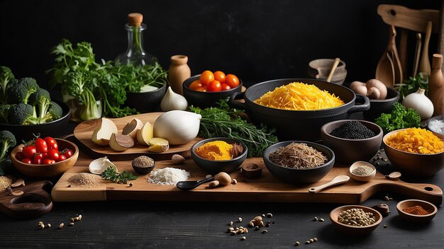 Una variedad de ingredientes están dispuestos en una mesa de madera oscura