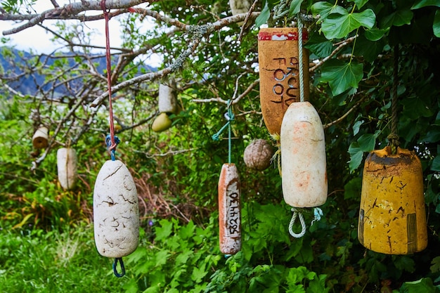 Variedad de inusuales decoraciones de balas de espuma que cuelgan del árbol