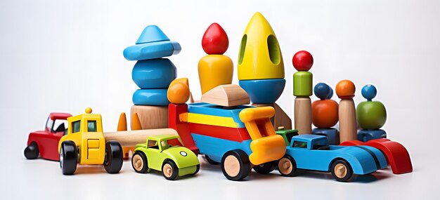 Una variedad de juguetes de madera coloridos dispuestos en la mesa para el tiempo de juego y las actividades de aprendizaje IA generativa