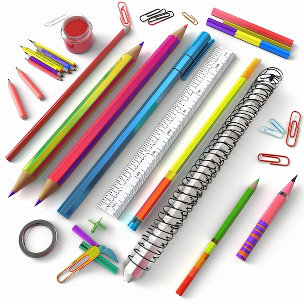 una variedad de lápices de colores, incluido uno que tiene una regla en él