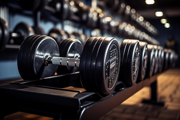 Una variedad de mancuernas en filas precisas, equipo esencial en cualquier gimnasio.