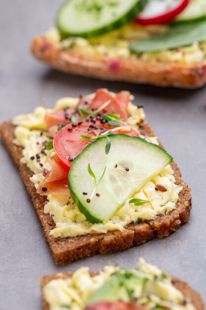 Variedad de mini bocadillos con queso crema, verduras y salami. Sándwiches con pepino, rábano, tomate, salami sobre un fondo gris, vista superior. Endecha plana.