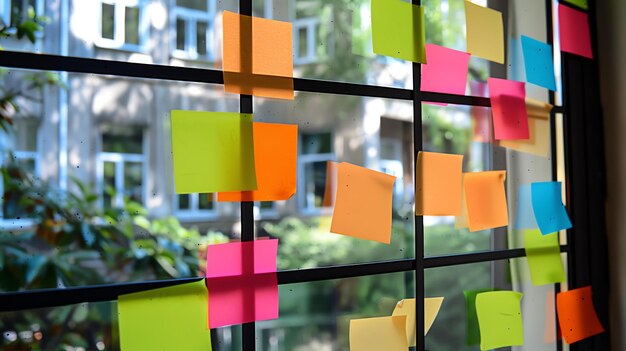 Una variedad de notas adhesivas coloridas están unidas a una ventana de vidrio Las notas son de diferentes colores, incluyendo azul verde rosa y amarillo