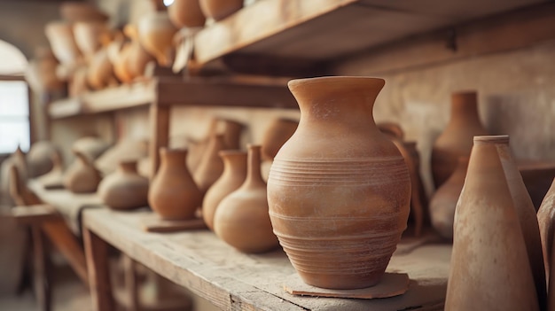 Variedad de ollas y recipientes de arcilla hechos a mano exhibidos en estanterías de madera rústica artesanía artesanal