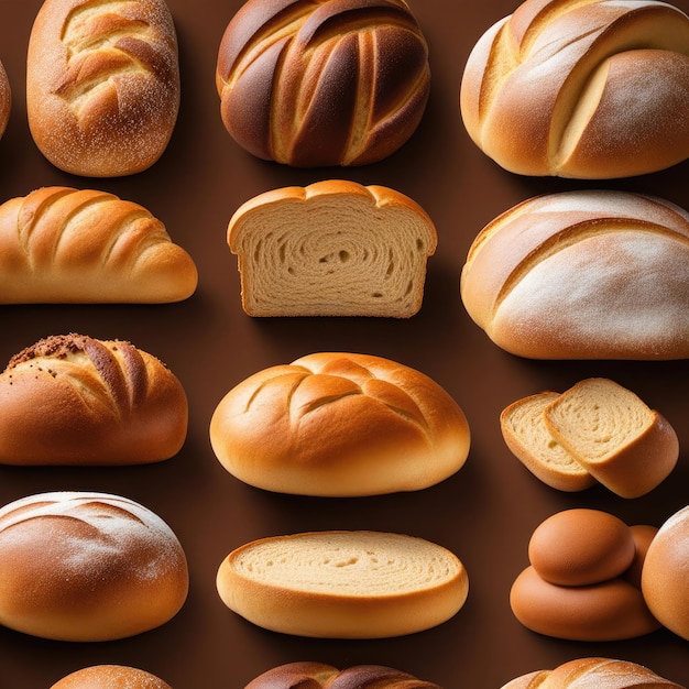 Una variedad de pan sobre un fondo marrón Concepto de panadería