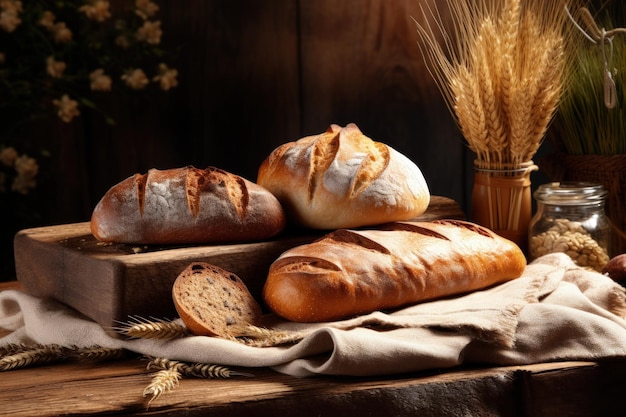 Variedad de pan sobre mesa de madera.