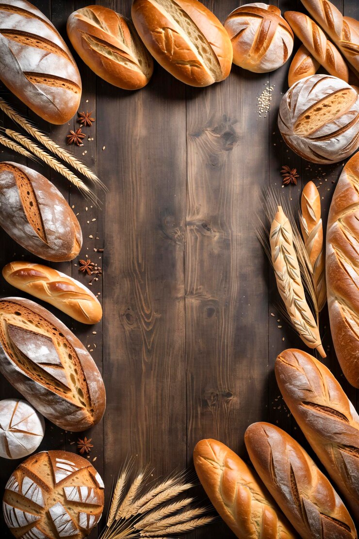 Una variedad de panes frescos y trigo en una mesa con detalles en primer plano de panes, panes y pasteles