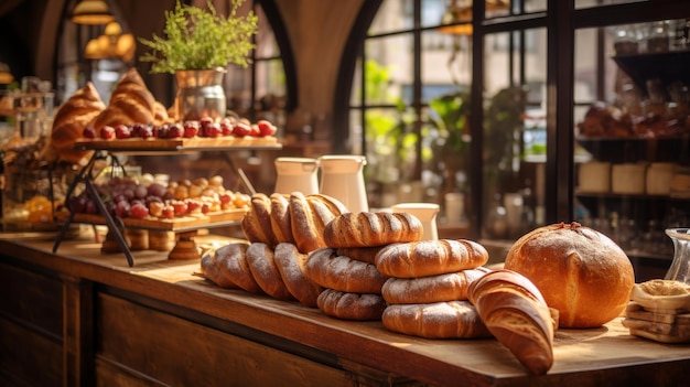 Una variedad de panes y pasteles recién horneados expuestos en un mostrador de madera