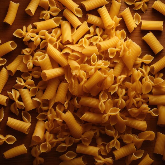 Una variedad de pasta italiana cruda en una mesa de madera