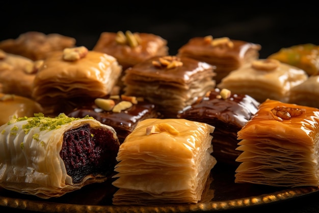 Variedad de pasteles de baklava que enfatizan capas intrincadas y deliciosos rellenos de nueces