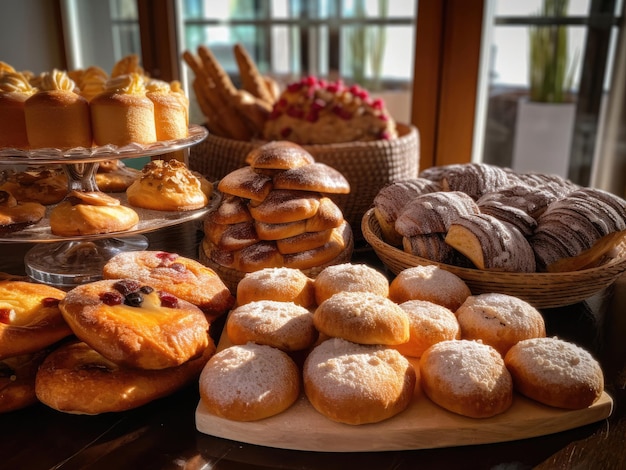 Una variedad de pasteles dulces en exhibición