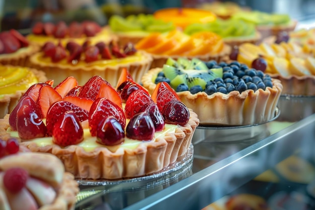 Una variedad de pasteles exhibidos en una caja de panadería