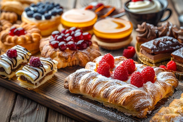 Una variedad de pasteles y postres deliciosos expuestos en una mesa de madera con bayas frescas y café