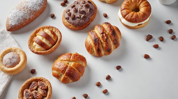 Una variedad de pasteles recién horneados con nueces y crema