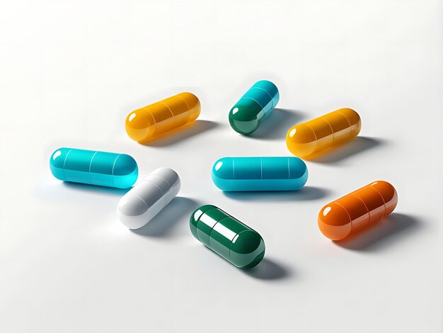 Foto una variedad de pastillas médicas coloridas en un fondo blanco aislado