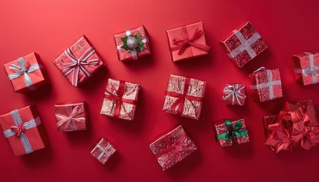 una variedad de pequeños regalos de Navidad en un fondo de papel rojo