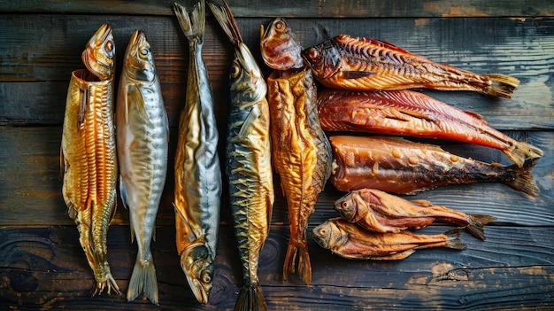 Una variedad de pescado ahumado colgado de una cuerda