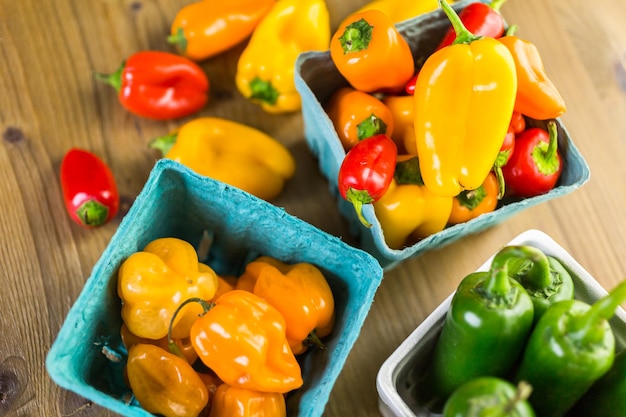 Variedad de pimientos orgánicos frescos en la mesa.