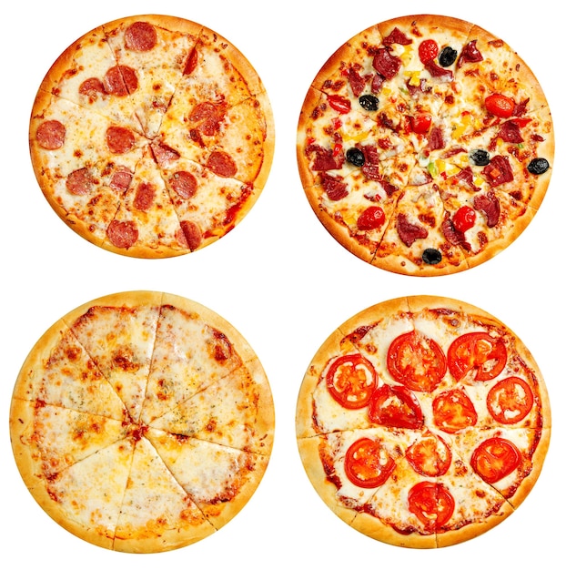 Variedad de pizzas aisladas diseño de collage de menú