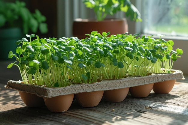 Foto una variedad de plantas herbáceas jóvenes que crecen en ollas biodegradables en un alféizar de madera