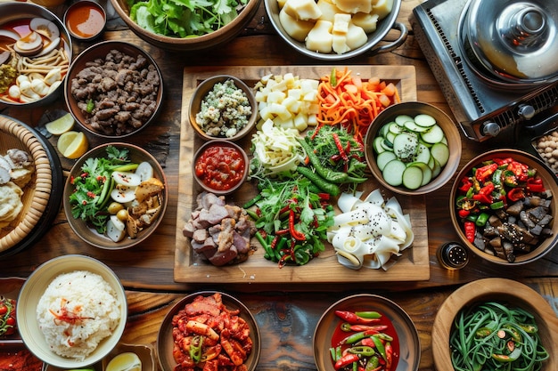 Una variedad de platos de comida coreana en una mesa de madera cocina tradicional con verduras carnes