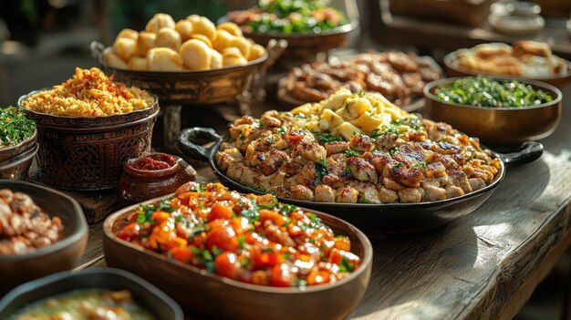 Una variedad de platos de comida en una mesa de madera rústica