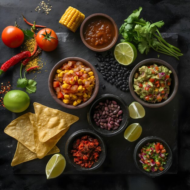 Una variedad de platos e ingredientes de la cocina mexicana en una mesa oscura