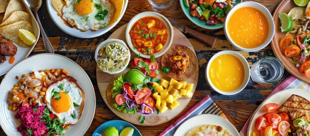 Foto una variedad de platos mexicanos vibrantes para el desayuno extendidos sobre una mesa