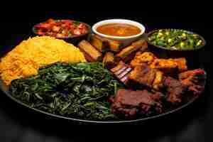Foto una variedad de platos tradicionales africanos con arroz jollof, coles verdes y carne a la parrilla servida en