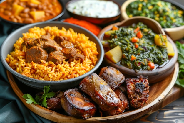 Una variedad de platos tradicionales africanos con arroz Jollof, collard verde y carne a la parrilla servida en