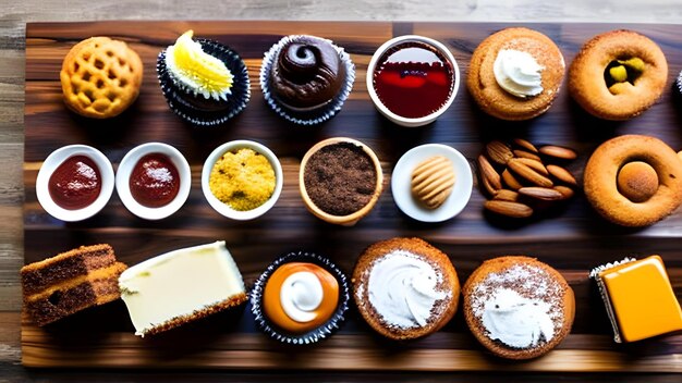 Una variedad de postres en una mesa de madera