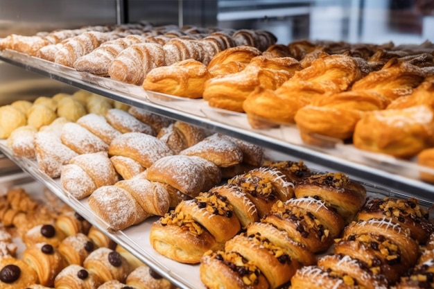 Variedad de productos horneados dispuestos en un estante de panadería