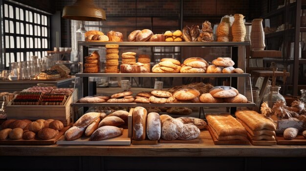 Foto variedad de productos horneados en una panadería interior de la panadería